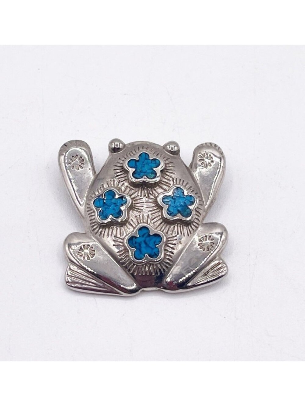 Vintage Trifari Frog Brooch Pin Silver Tone Blue Faux Turquoise Southwest 90s - Picture 3 of 9